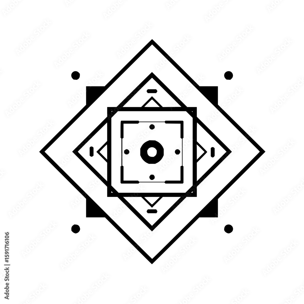 Poster abstract tech design featuring nested squares, diamonds, and circles in a symmetrical pattern office