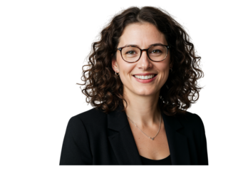 Professional woman with curly hair and glasses smiling confidently isolated on transparent background