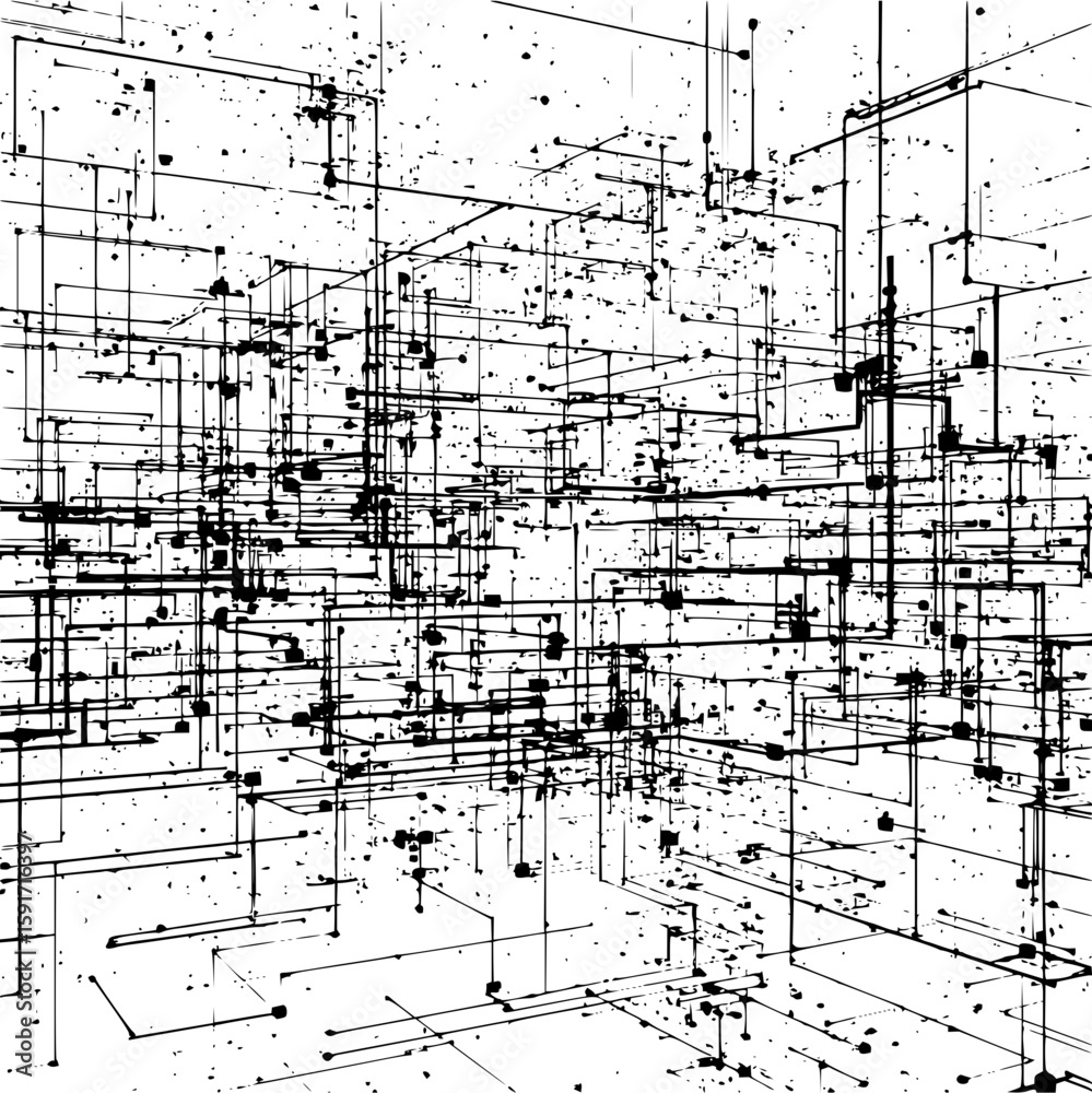 Poster abstract representation of a complex network with interconnected lines and nodes in black and white 