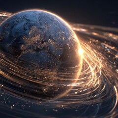 Obraz premium A luminous Earth, city lights glowing, encircled by swirling, golden energy streams, suggesting global connectivity or cosmic energy