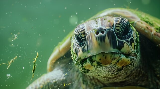 A sea turtle in close-up under green water, with pieces of algae on its shell and muzzle. It seems that her gaze is fixed on the viewer, evoking sympathy and a desire to protect the ocean.
