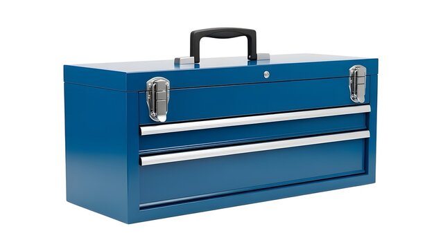 Blue metal tool box organizer with drawers and handle for workshop storage and home improvement tools on transparent background