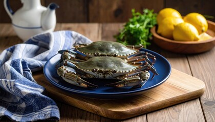Image of Fresh blue crabs on a dark blue plate printed on Printed Glass Basin Splashbacks