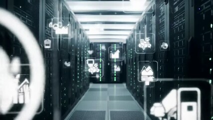 Server room featuring graphic network and data icons overlayed. - Powered by Adobe