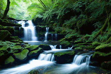 Hidden waterfall in under starry sky