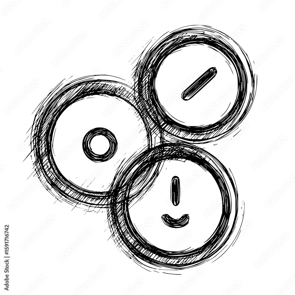 Poster three circular tech icons with unique symbols in a sketch style design overlapping each other artist
