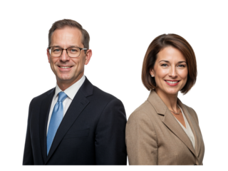 Professional business man and woman smiling together in formal attire isolated on transparent background