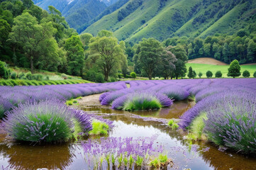 Lavender field in after rain