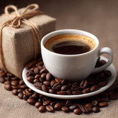 Fototapeta premium up of coffee and coffee beans inside, portraying coffee as a delightful present with a well-presented copy space image.