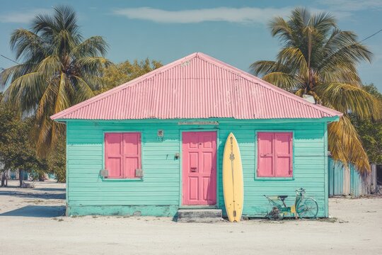Pastel-colored beach house with surfboard
