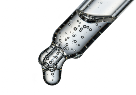 A closeup of a glass dropper with clear liquid and small bubbles, isolated on a transparent background - Powered by Adobe