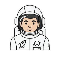 Cartoon Astronaut in Spacesuit with Rocket and Planet Design.