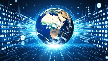 Globe surrounded by binary data streams, glowing blue - Powered by Adobe