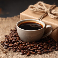 up of coffee and coffee beans inside, portraying coffee as a delightful present with a well-presented copy space image.