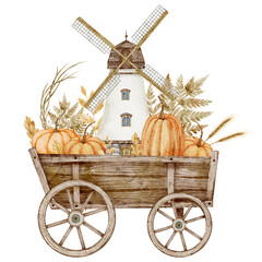 Watercolor illustration of a Rustic wooden Cart filled with Pumpkins, grain, and fall foliage in front of a Windmill. Autumn drawing for harvest festival greeting cards or invitations.
