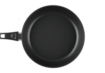 A black frying pan with a handle, isolated on a transparent background