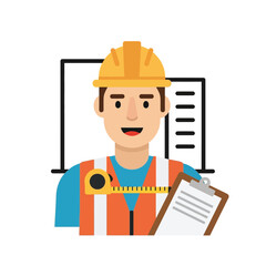 Cartoon Construction Worker with Hard Hat Vest Clipboard and Measuring Tape.