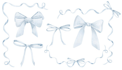 Watercolor illustration of pastel light blue Ribbons and Bows with curls. Drawing for Baby shower greeting cards or wedding invitations. Art for gift decorations or nursery designs.