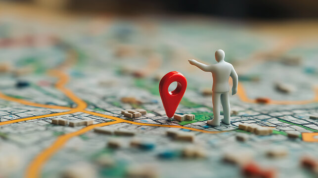 A miniature figure pointing on a map next to a red location pin indicating a specific destination