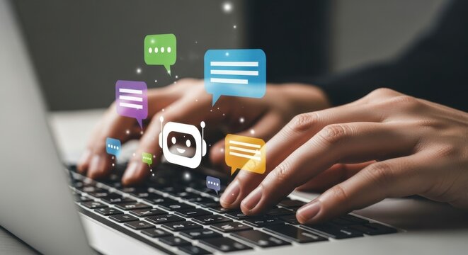 Hands typing on laptop with A I chatbot and colorful speech bubbles technology artificial intelligence