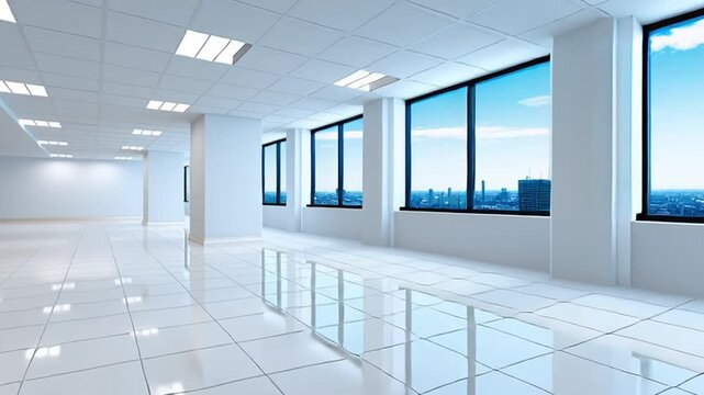 Modern empty office space with large windows showcasing a city skyline and bright lighting