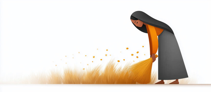 Biblical illustration of Ruth working on the threshing floor. A modern, minimalist scene symbolizing diligence, humility, and faith from the Old Testament. Banner format with copy space.