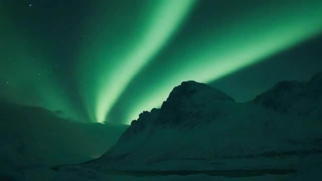 A picturesque view of the northern lights over snow-capped mountain peaks, suggesting a chilly winter night in a remote location.