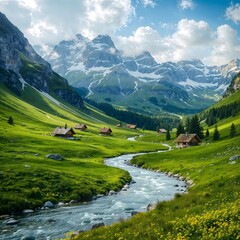 Naklejka premium Scenic Alpine Valley: A captivating panorama unveils a serene alpine valley, where a winding river carves its path through lush green meadows, with quaint cabins nestled amidst rolling hills.