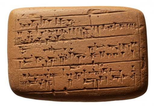 An ancient clay tablet inscribed with cuneiform script, isolated on a transparent background - Powered by Adobe
