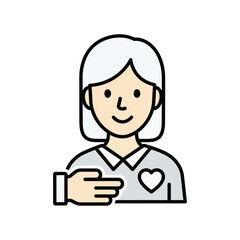 Cartoon Woman with Grey Hair and Heart on Chest Hand Gesture.