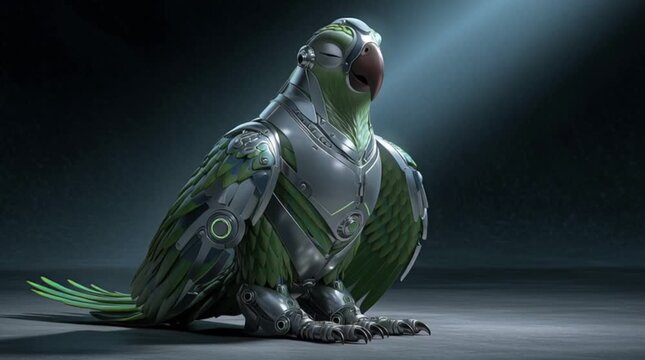 Futuristic parrot with metallic armor