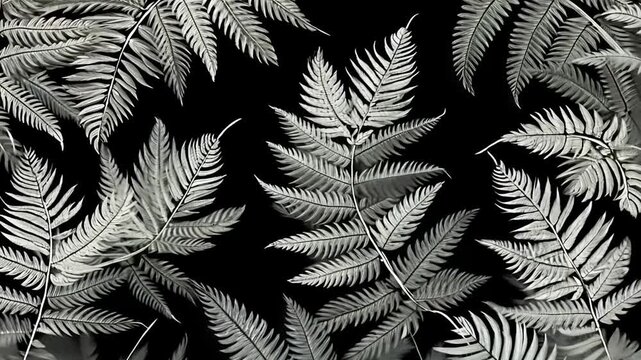 Black background with many light gray fern leaves