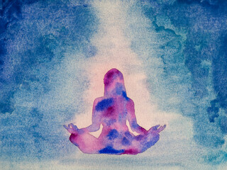 Sitting yoga pose Sukhasana. Watercolor drawing of a meditating woman. Practicing yoga and a healthy lifestyle. Blue background with a womans silhouette