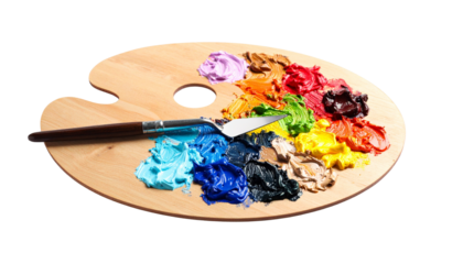 Artist’s palette with mixed oil paints and palette knife, isolated on transparent background