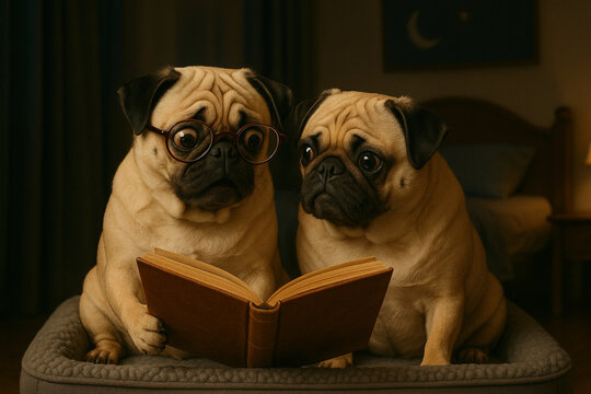 &Uuml;berraschter Mops mit Brille liest Buch