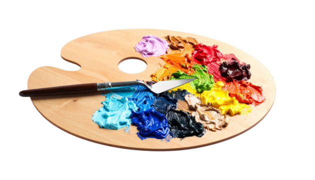 Artist’s palette with mixed oil paints and palette knife, isolated on transparent background