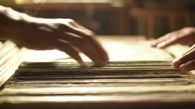 Hands browse a stack of vinyl records, soft light