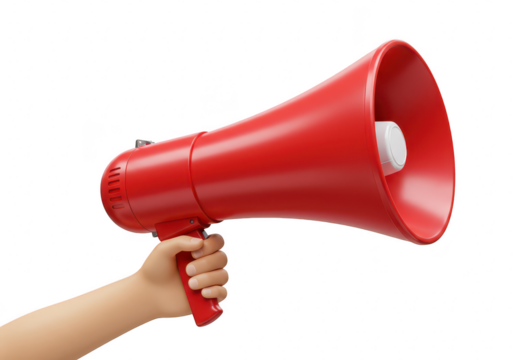 A stylized hand holding a red megaphone, conveying a message or announcement, isolated on white isolated on transparent background