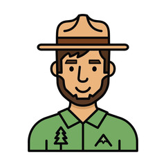 Illustrated Park Ranger with Brown Hat Green Shirt and Beard.