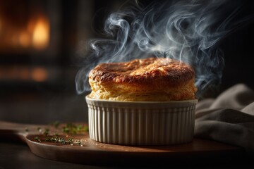 A delicious, freshly baked souffle with steam rising from its golden crust.