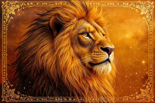 Majestic Lion: A regal lion with a resplendent golden mane gazes into the distance, framed by an ornate golden border, against a celestial backdrop, radiating power and majesty.