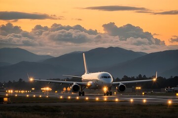 Airplane on the runway at Sunset: A passenger airplane gracefully taxis down the runway at sunset, bathed in warm, golden light against a backdrop of majestic mountains and ethereal clouds.