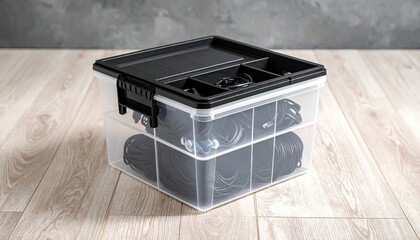 Clear plastic storage box filled with cables