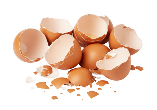 A pile of broken brown eggshells and one intact egg with a visible yolk, isolated on a transparent background