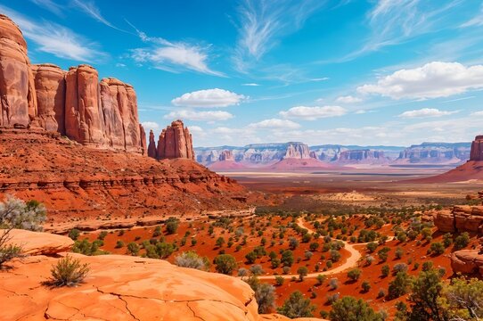 Monument Valley: Dramatic scenery of sandstone buttes under a vast blue sky, a captivating display of the American Southwest's geological grandeur.