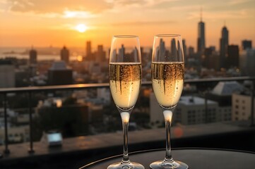 Obraz premium Champagne Toast at Sunset: Two elegant champagne glasses stand poised on a rooftop overlooking a cityscape, catching the golden hues of the setting sun in a moment of celebratory luxury.