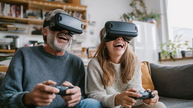 Excited duo of grandfather and granddaughter playing virtual reality, technology concept