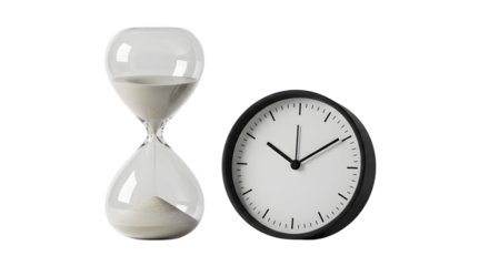 Hourglass and Black Wall Clock Time Passing on Transparent Background