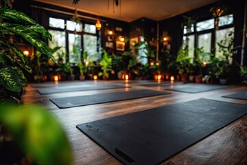 Yoga studio with many plants and mats.  Dimly lit, warm ambiance