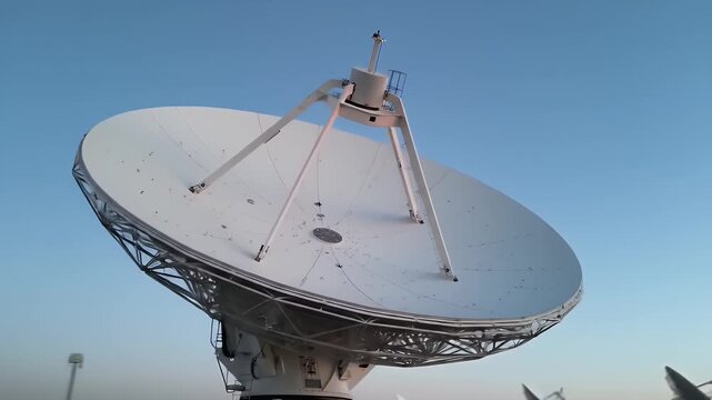 A massive radio telescope satellite dish rotates against a serene dawn sky in a cinematic orbiting shot showing scientific research and global communication technology